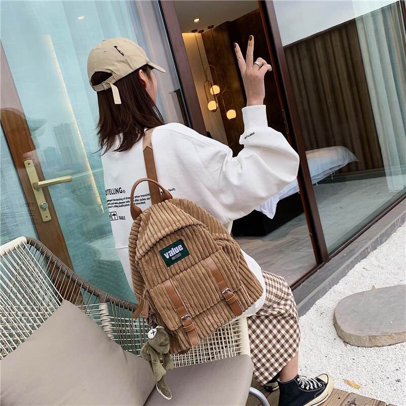 DORANMI Corduroy Schoolbag Women's Backpack Winter Female Rucksack Small Book Back Bags Striped Mochila Shoulder Bags BG307