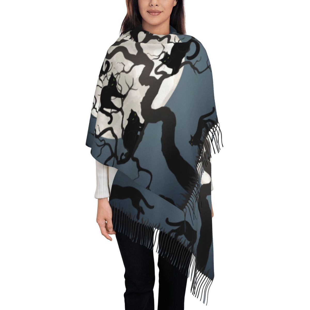 Bufanda celestial con estampado personalizado de cigarra esotérica y polilla, bufandas cálidas para hombres y mujeres, chales góticos con de sol y luna: Negro