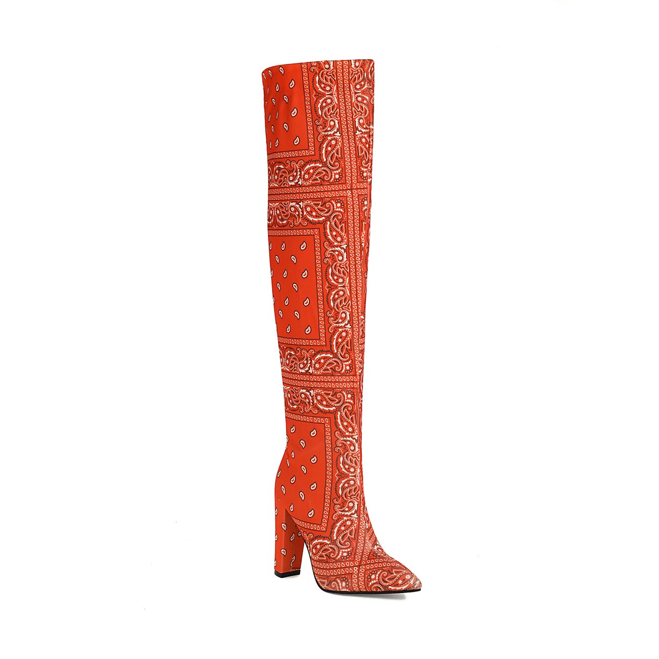 Botas por encima de la rodilla con tacón grueso y estampado, botines con estampado de Graffiti, estampado de flores, Camuflaje, patrón étnico: Naranja / 36