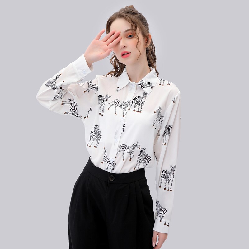 QWEEK Satin Blouse Women Silk Zebra Print Shirts Long Sleeve Vintage Office Ladies Tops Femme Green Blouses