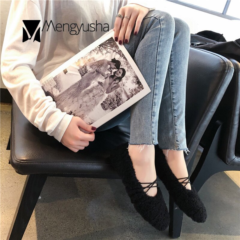 Lambswool furry ballerina ballet shoes women solid color loafers round toe moccasins cross elastic band flats curly fur shoes
