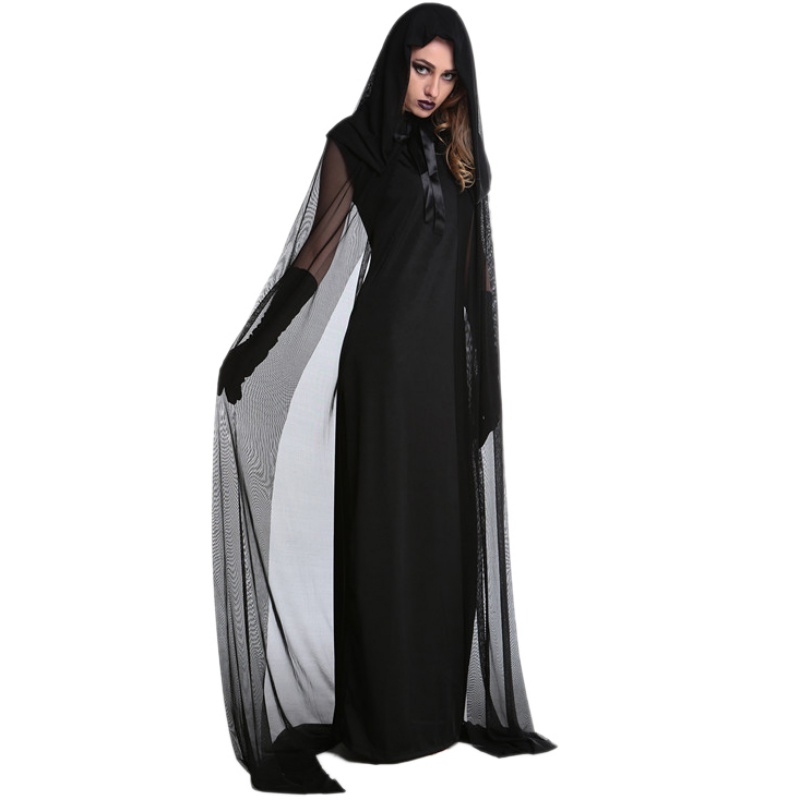 Femme Halloween sorcière grande taille robe longue Costume automne hiver robes noires avec chapeau et gants 1 set Vcqy