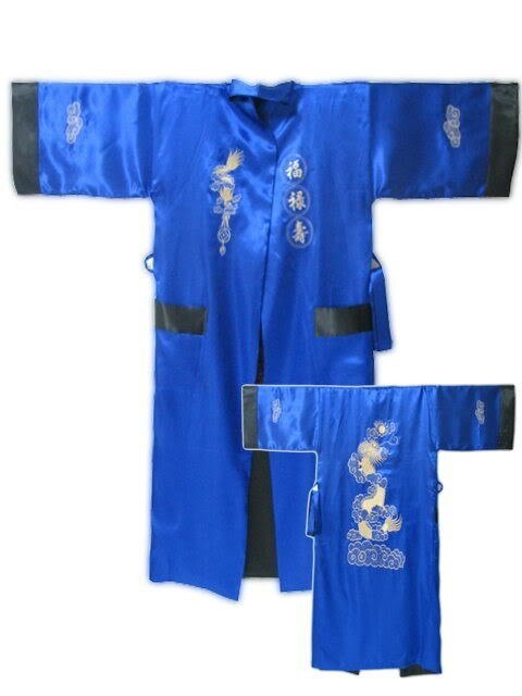 Rød sort kinesisk #39 vendbar silke satin broderikåbe kimono badekjole drage one size r -005: Blå