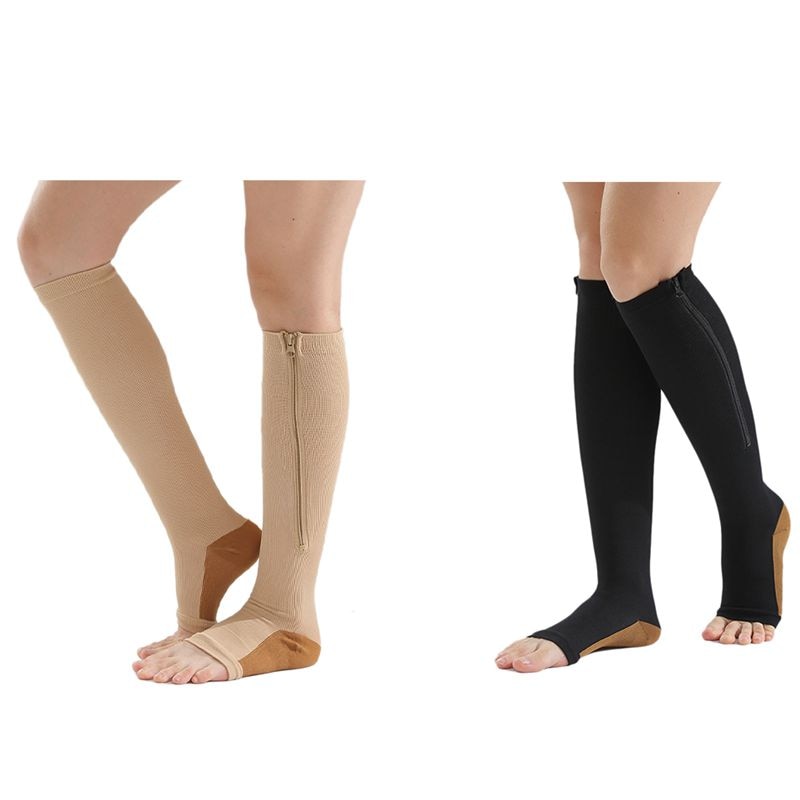 2 paar compressiekousen nylon rits compressiekous been knie ondersteuning open teen voorkomen (zwart) l/xl & (kleur) s/m