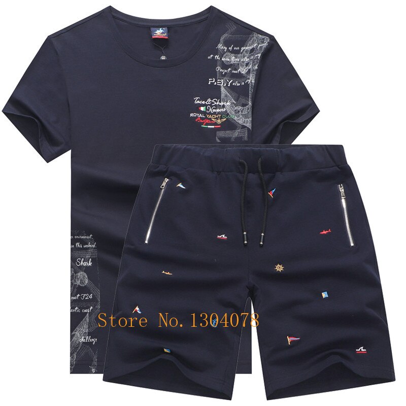 Sommarkläder set herr träningsoverall bomull tvådelade set träningsoveraller make sportkläder märke haj mans t-shirt shorts joggingbyxor: Mörkblå / M
