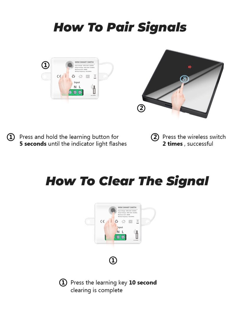 433MHZ Mini Hidden Switch Controller Module 10A Wiring-free Wireless Switch Sticker Control Device Switch Module