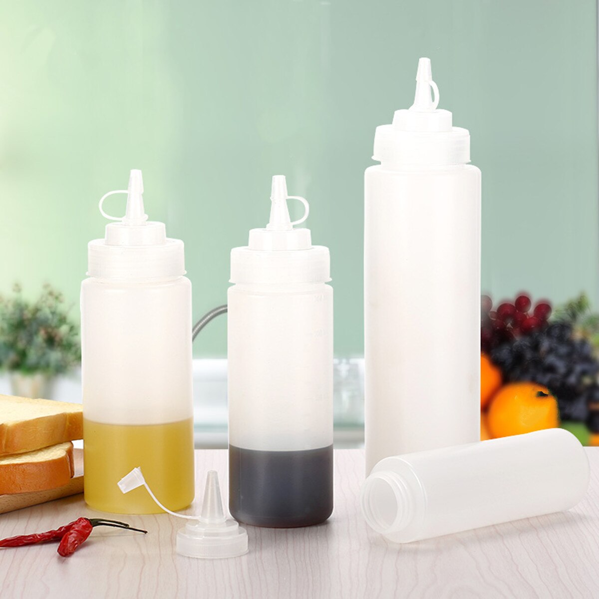 Botellas de aceite para condimentos de Squirt de 8-12Oz, dispensador de miel de plástico con boquillas, salsas de Ketchup, accesorios de cocina