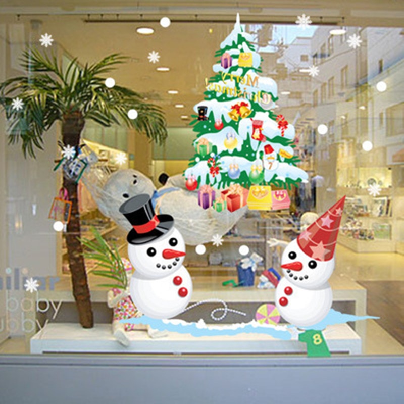 Verwijderbare Cartoon Kerstboom Sneeuwpop Muursticker Statische Cling Nieuwjaar Etalage Sticker Kerstversiering