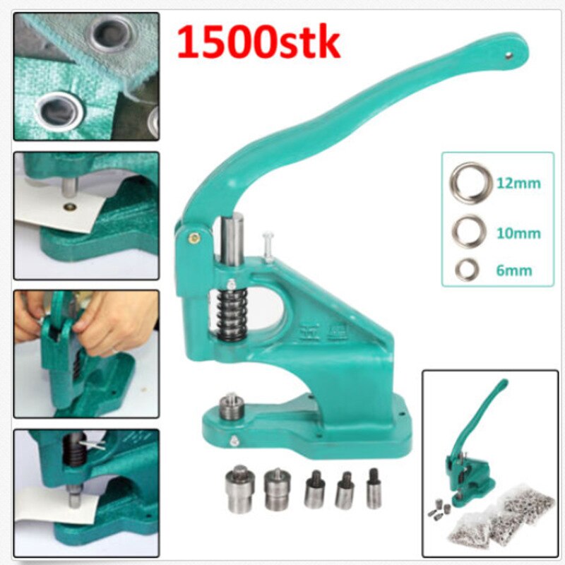 Hand Press Grommet Eyelet Setting Machine with 3 Dies+1500pcs Buttons 6/10/12mm DIY Home Craft Manual Snap Eyelet Press Tools