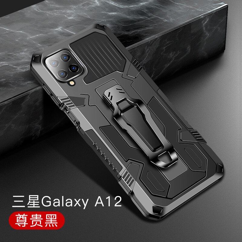Pancerz etui do Samsung Galaxy A12 Case odporny na wstrząsy stojak uchwyt zaczep na pasek kabura pokrywa dla Samsung Galaxy A12 A 12 12A SM-A125F: For Galaxy A12 / Black