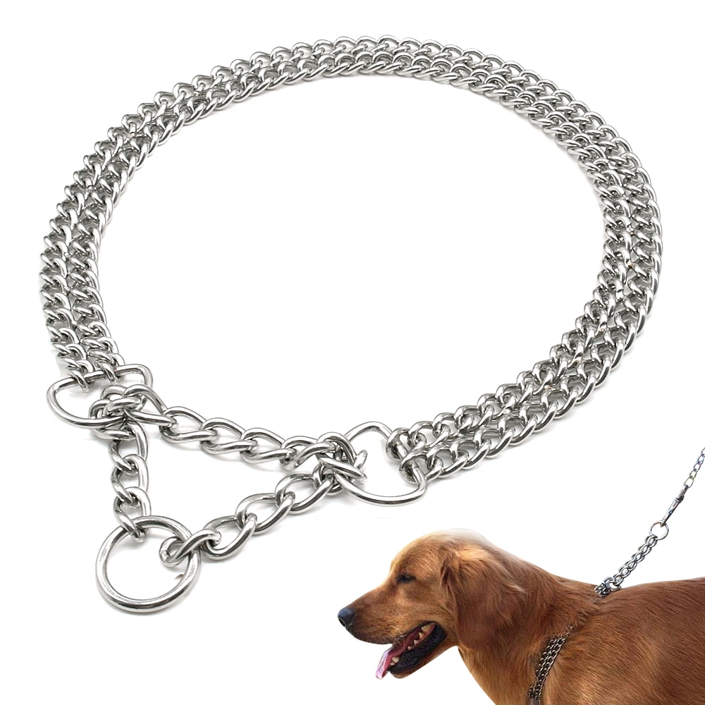 Hundetræningskæde pet choke krave dobbelt række metal kæde rustfrit stål glidekrave p kæde til store hunde pitbull