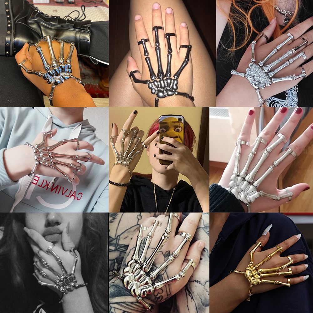 Punk Armband Voor Mannen Gothic Hand Keten Schedel Skelet Vijf Vingers Ringen Verstelbare Stellen Vrouwen Armband Halloween Sieraden
