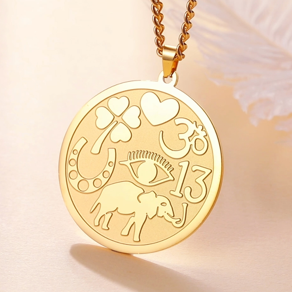Colar de homens Sorte Elephant Medallion colar poderoso amuletos de proteção Quatro folhas Clover Ohm Symbol Horseshoe Evil Eye colar jóias de aço inoxidável