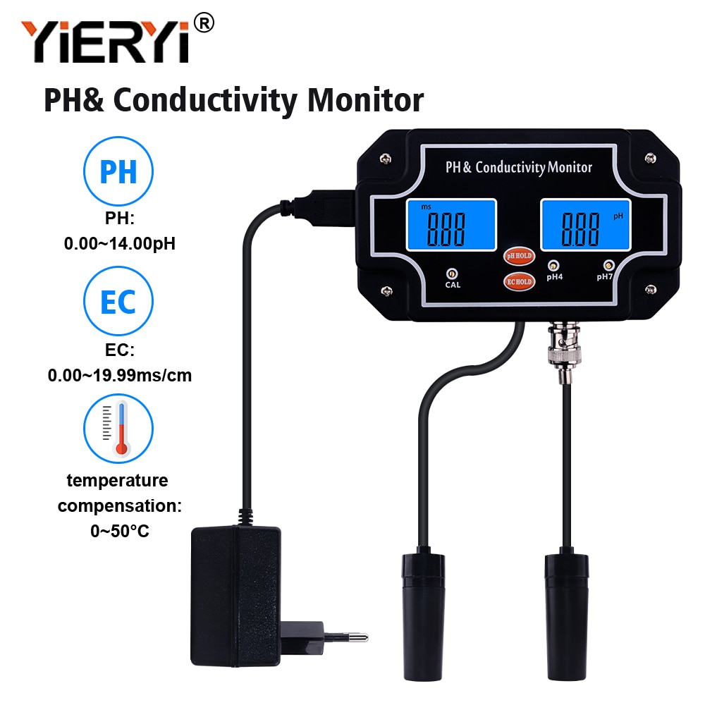 Yieryi digital online ph/ec konduktivitet monitor meter tester vand kontinuerlig overvågning til akvarium i akvarier