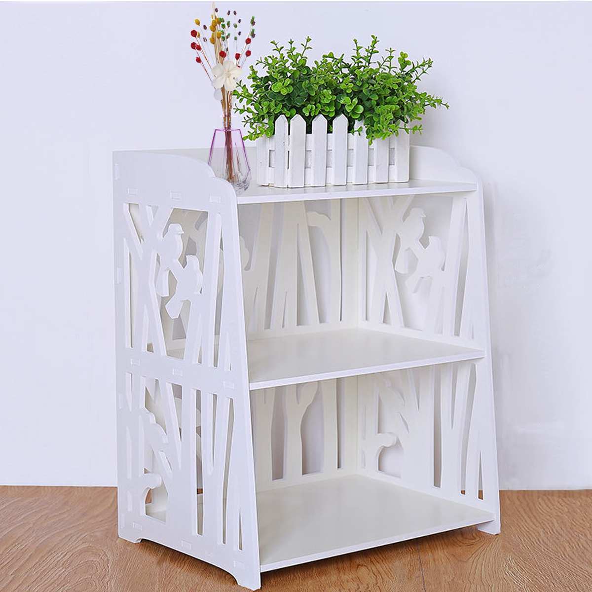 Home White Bedside Table Shelf Rack Hollow Carved Modern Simple Cabinet Nightstand Storage Organizer Living Room Bedroom