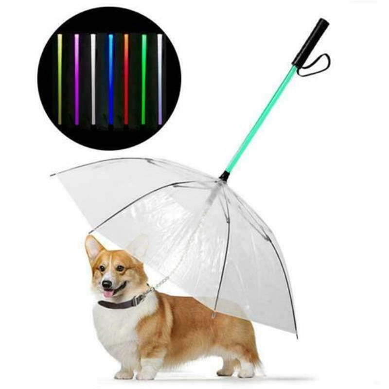 transparent Haustier Hund Katze LED Regenschirm Regen Schnee Eingebaute Leine Tragbare Welpen Trockenen