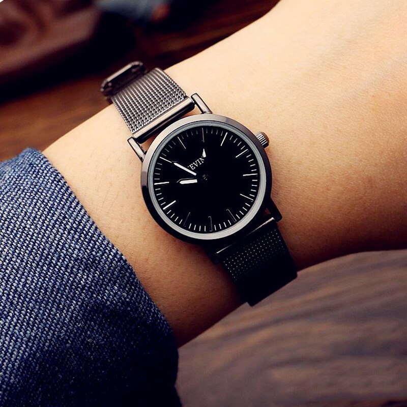 Par de relojes de acero inoxidable con correa de malla para hombre y mujer, relojes sencillos para estudiantes y escuela, reloj minimalista: women-black