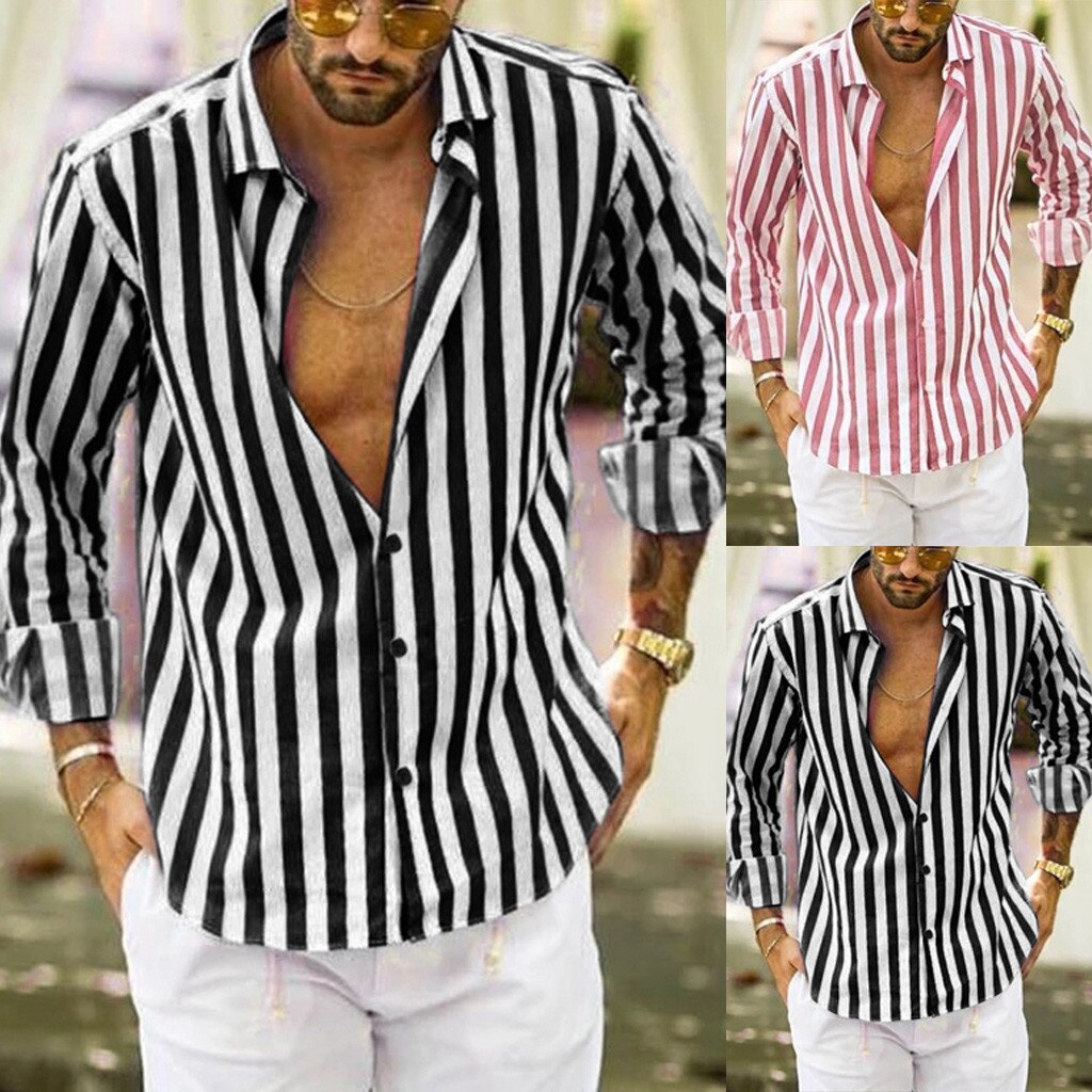 Men Shirts Vertical Striped Shirt Slim Fit Long Sleeve Casual Button Down Mens Shirts