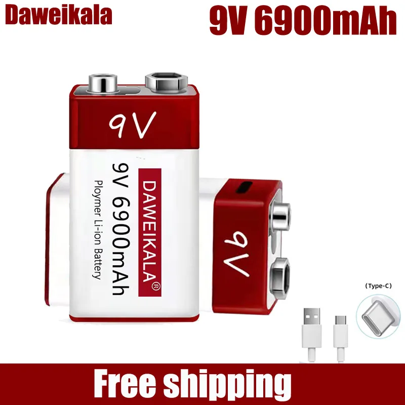 9V 6900mah batterie rechargeable lithium-ion type-c USB multimètre lithium microphone détecteur de métaux + câble