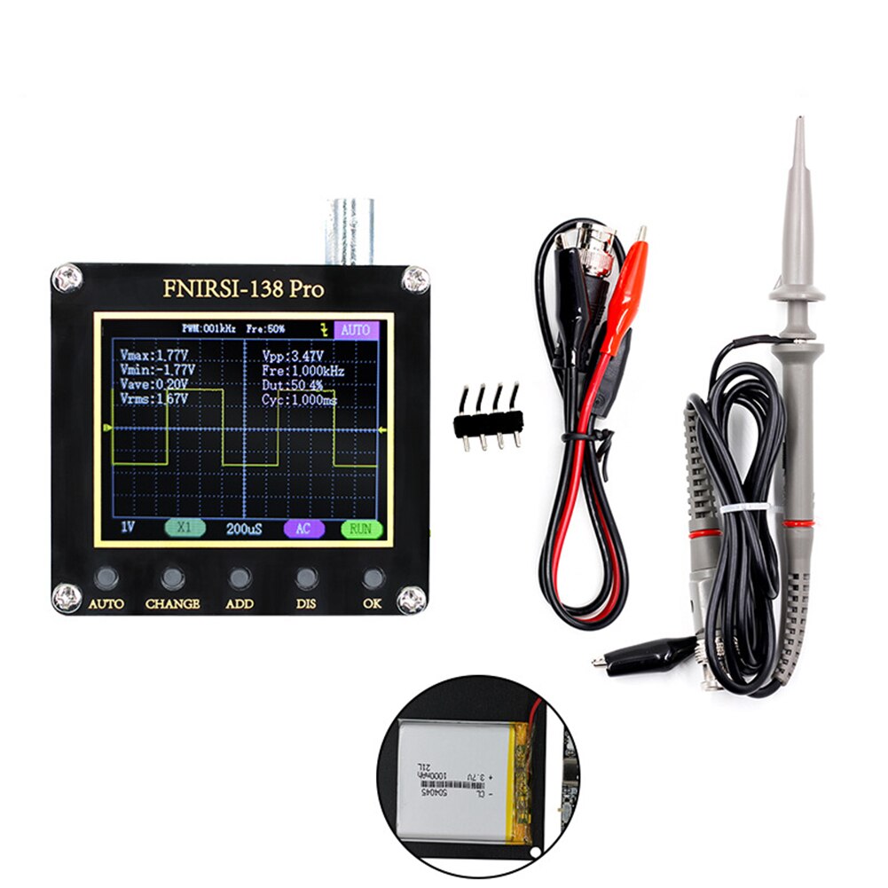 FNIRSI-138 PRO Digital Handheld Pocket Oscilloscope Kit 2.5MSa/s 200KHz Analog Bandwidth Support 80KHz PWM And Firmware Update: battery 10x probe