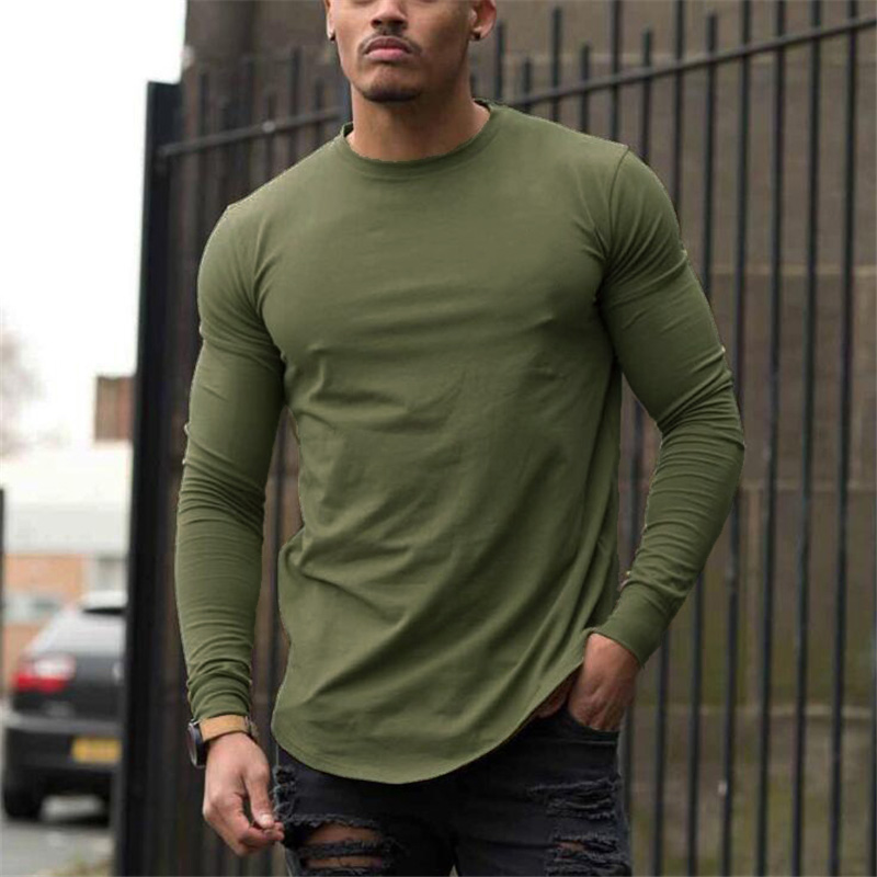 Ensfarvet bomuld åndbart langærmet tøj til fitness fitness bodybuilding sport t-shirts til mænd træning afslappet slim fit efterårsskjorter