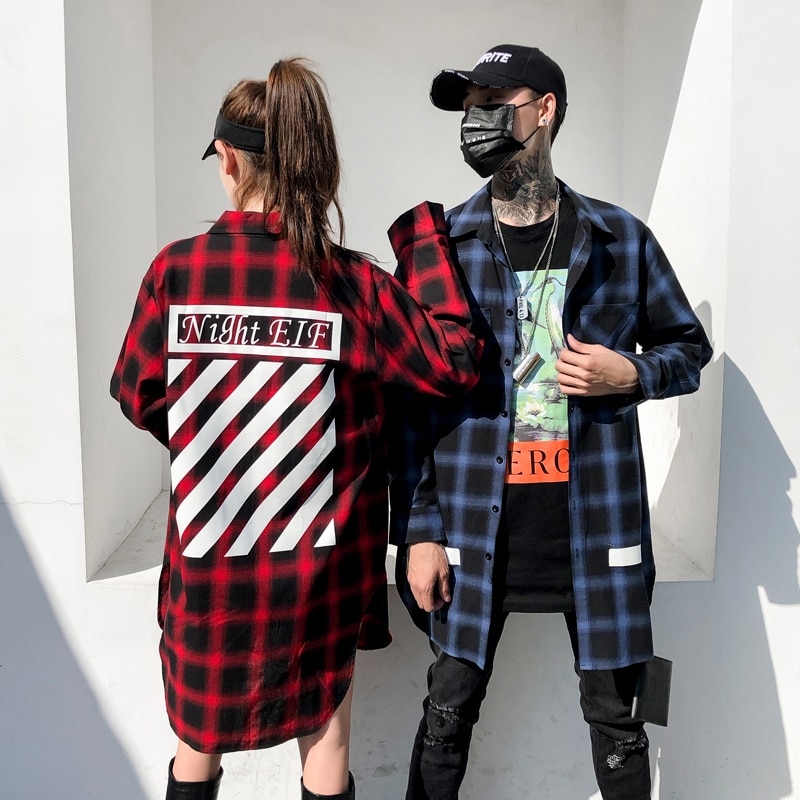 Extra lange Hip hop Plaid shirts voor mannen lange mouw voor paar Rood Blauw Geel Zwart Zomer Lente Herfst