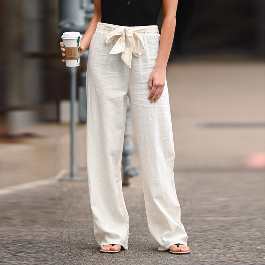 Womens Solid Bandage Loose Casual Wide Leg Leggings Bottom Long Pants Trousers Брюки Женские #Y10