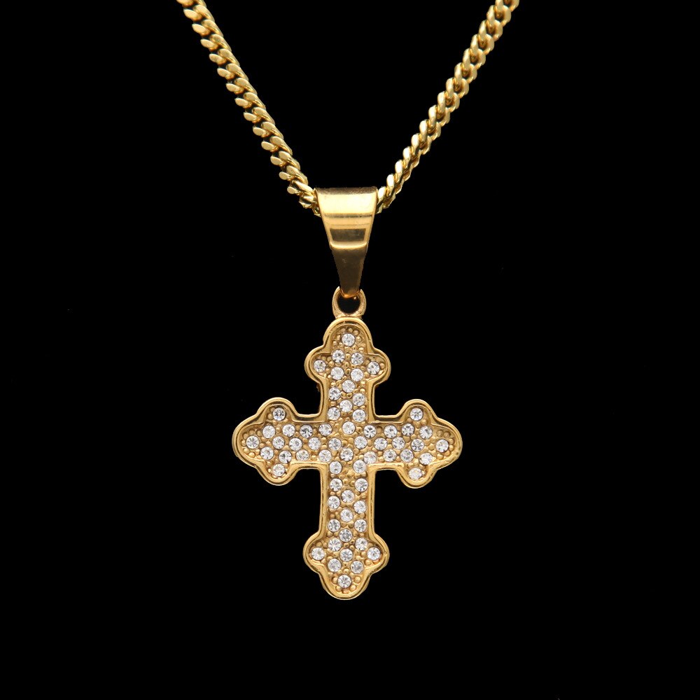 Hip Hop Stainless Steel Auspicious Cloud Corner Cross High Grade Ice Out Rhinestone Necklace Men Jewelry