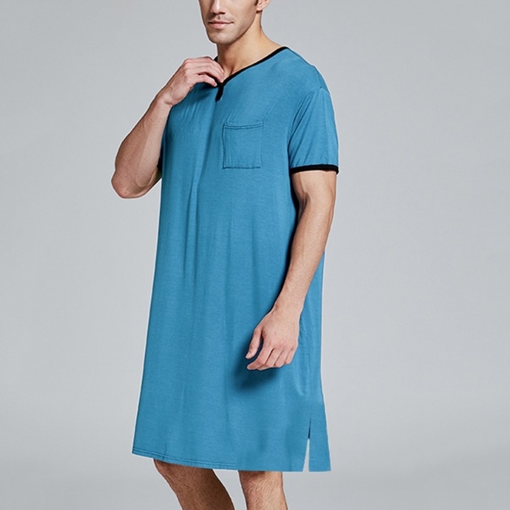 Men's Nightshirt Set Summer Loose Leisure Elastic Waist Men Sleepwear Cotton Men's Short Sleeve Nightwear Short Sleeve Top