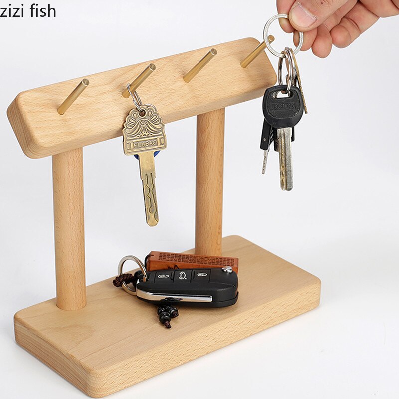 Solid Wood Brass Key Hook Storage Bracket Beech Black Walnut Desktop Seat Hook Jewelry Four Hooks Decorative Shelf Key Organizer