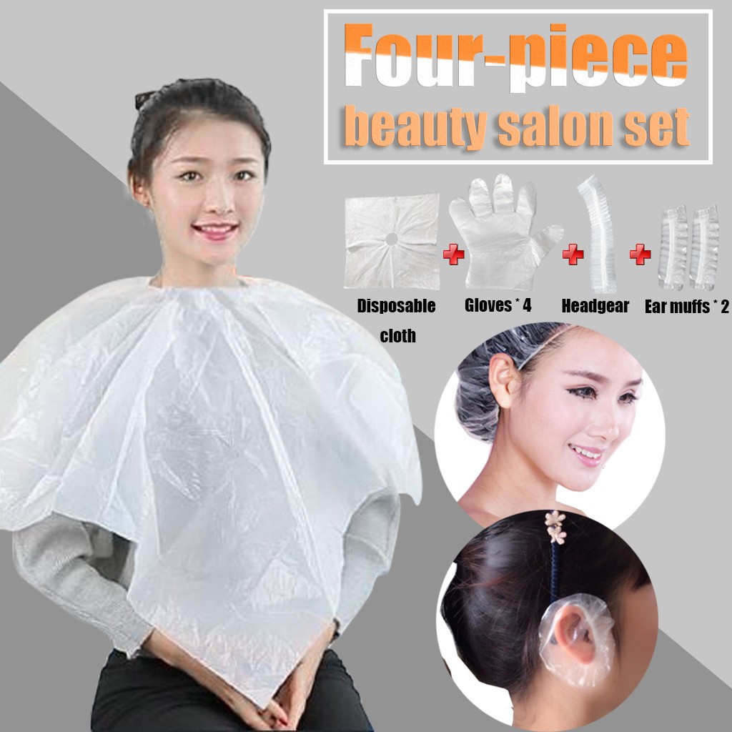 10PCS Unisex Four Sets Disposable Shower Cap Earmuffs Gloves Shawl Girth Tools Four-piece haircut Capes Hairdressing