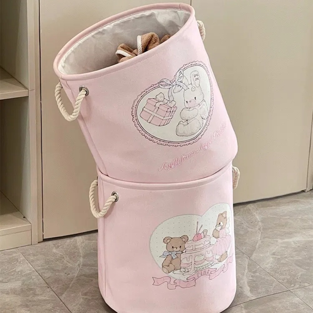 Mignon avec poignées panier à linge grande capacité dessin animé ours lapin jouets panier de rangement pliable rond panier à vêtements chambre