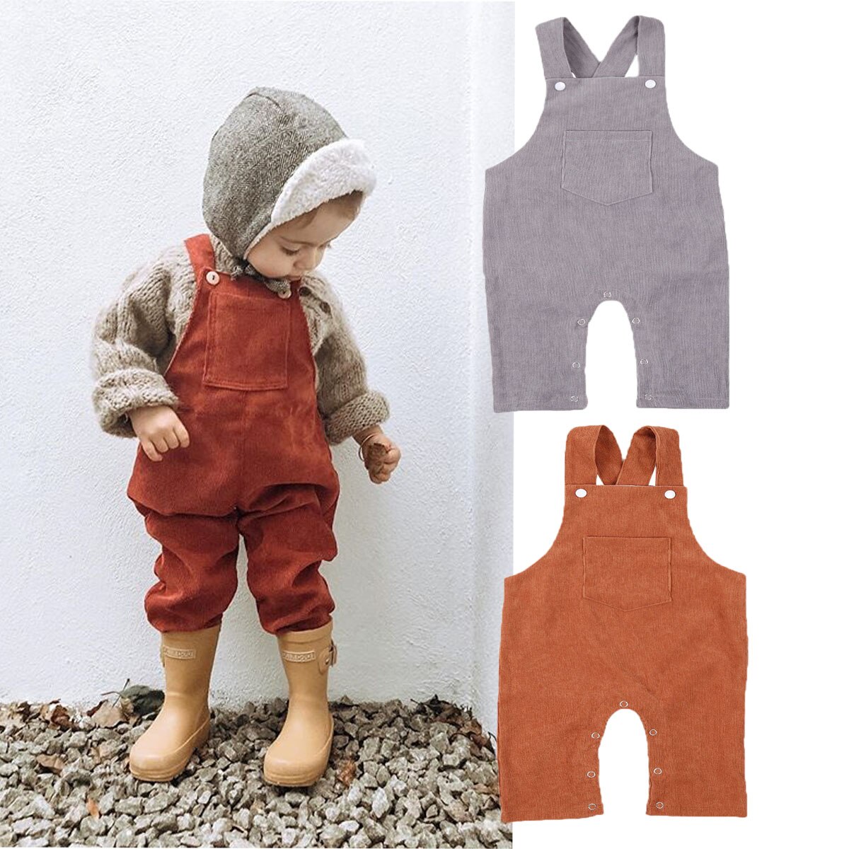 Peuter Baby Corduroy Romper Baby Jongen Meisje Jarretel Riem Broek Met Voorvak Effen Kleur Knop Jumpsuit Voor Lente Herfst