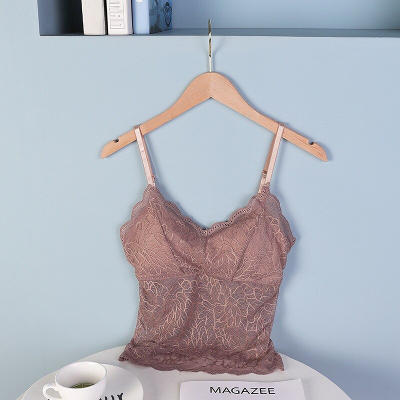 Women Crop Top Lace Bralette Wireless Padded Tank Top Deep V Lace Cami Lingerie Female Embroidery Floral Camisole: kakhi