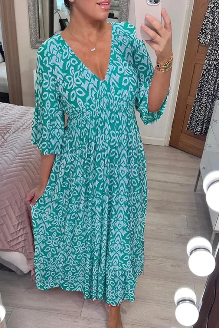 Sommerkjole for kvinner med blomsterprint, v-hals, fempunkts ermer, lang kjole, strandkjole, strandfestkjole: Xxl / Innsjøblått
