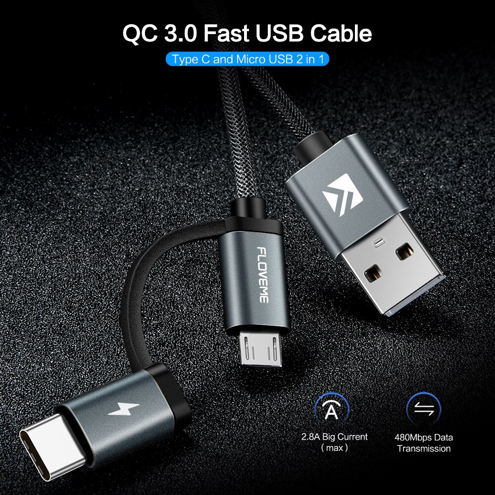 FLOVEME 2 w1 mikro USB szybka ładowarka przewodowa ładowania rodzaj USB C CableType-C kabel robić Samsung Xiaomi Oneplus Huawei P9 QC3.0 2.8A