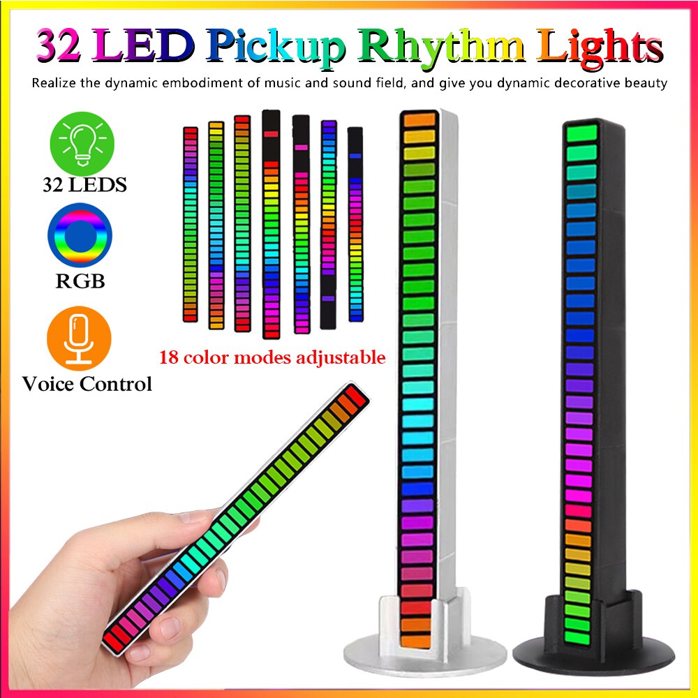 32 LED Strip Light RGB Voice Control Rhythm Lights Pickup Lamp Music Atmosphere Lamp Colorful Ambient Light Bar for Car Party