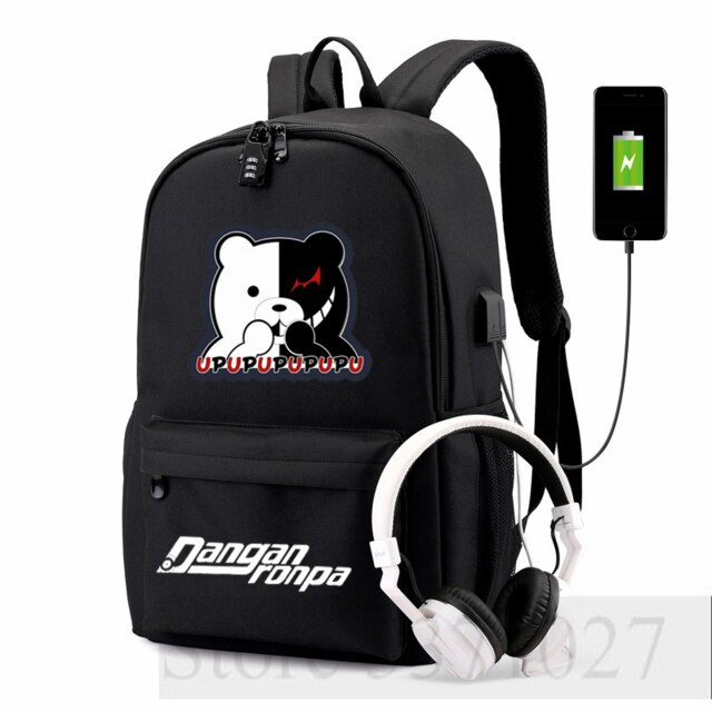 Danganronpa-mochila Ouma Kokichi con carga USB para adolescentes, morral escolar de , bolso de viaje para hombres y mujeres, mochila para ordenador portátil para estudiantes: F