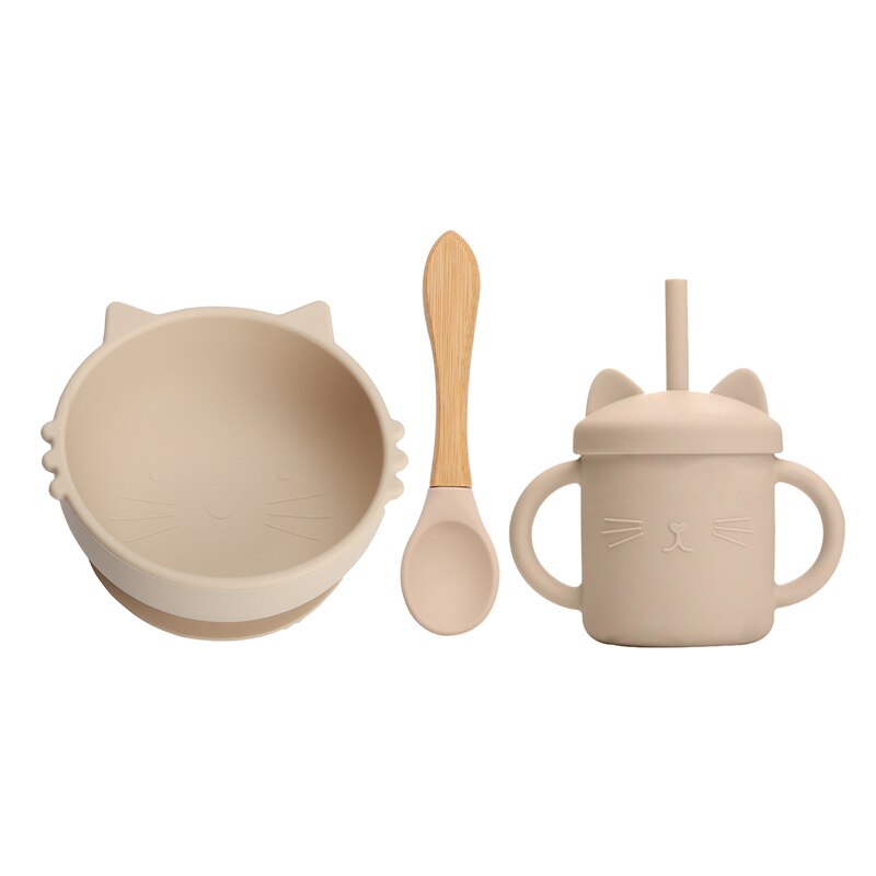 Siliconen Babyvoeding Servies 3 Stks/set Siliconen Zuignap Cup Kat Strokop Kinderen Antislip Keuken Benodigdheden Bpa gratis: 3PCS Beige