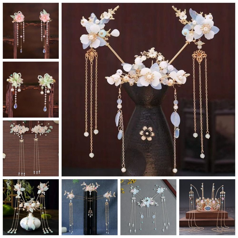 Klassisk blomster kinesisk stil hårnålesæt kvast til boller hanfu hårpind perler hovedbeklædning sommerfugl hårkam kvinder