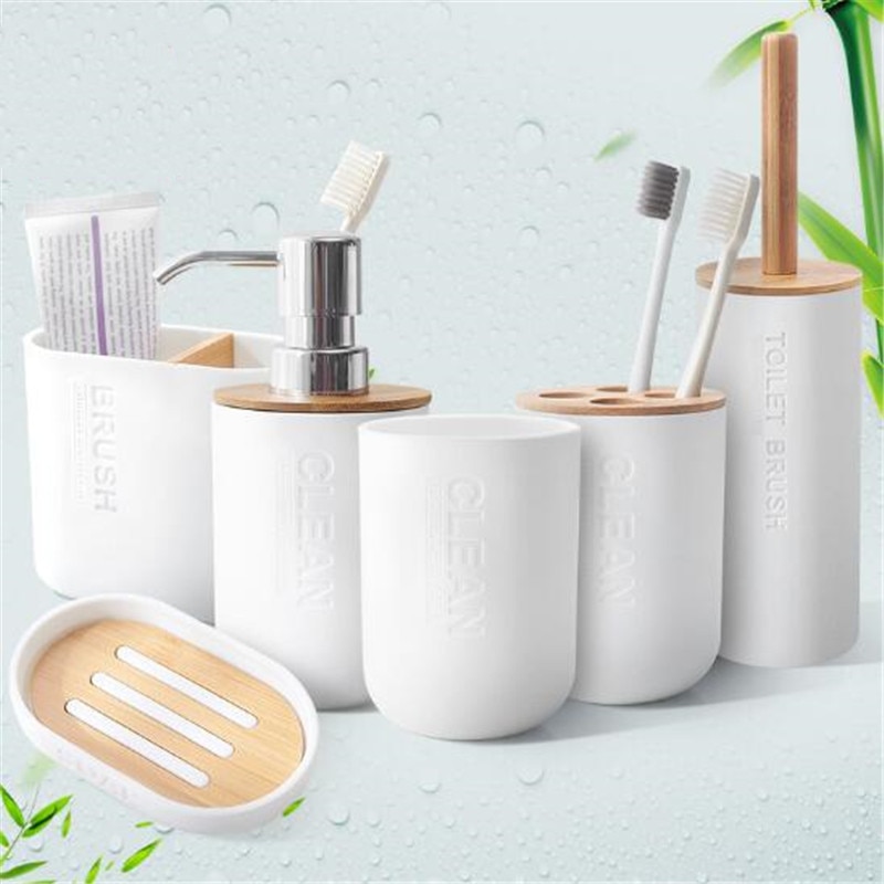 Milieuvriendelijke bamboe badkamer accessoires set met zeepdispenser bad tandenborstelhouder toiletborstel zeephouder