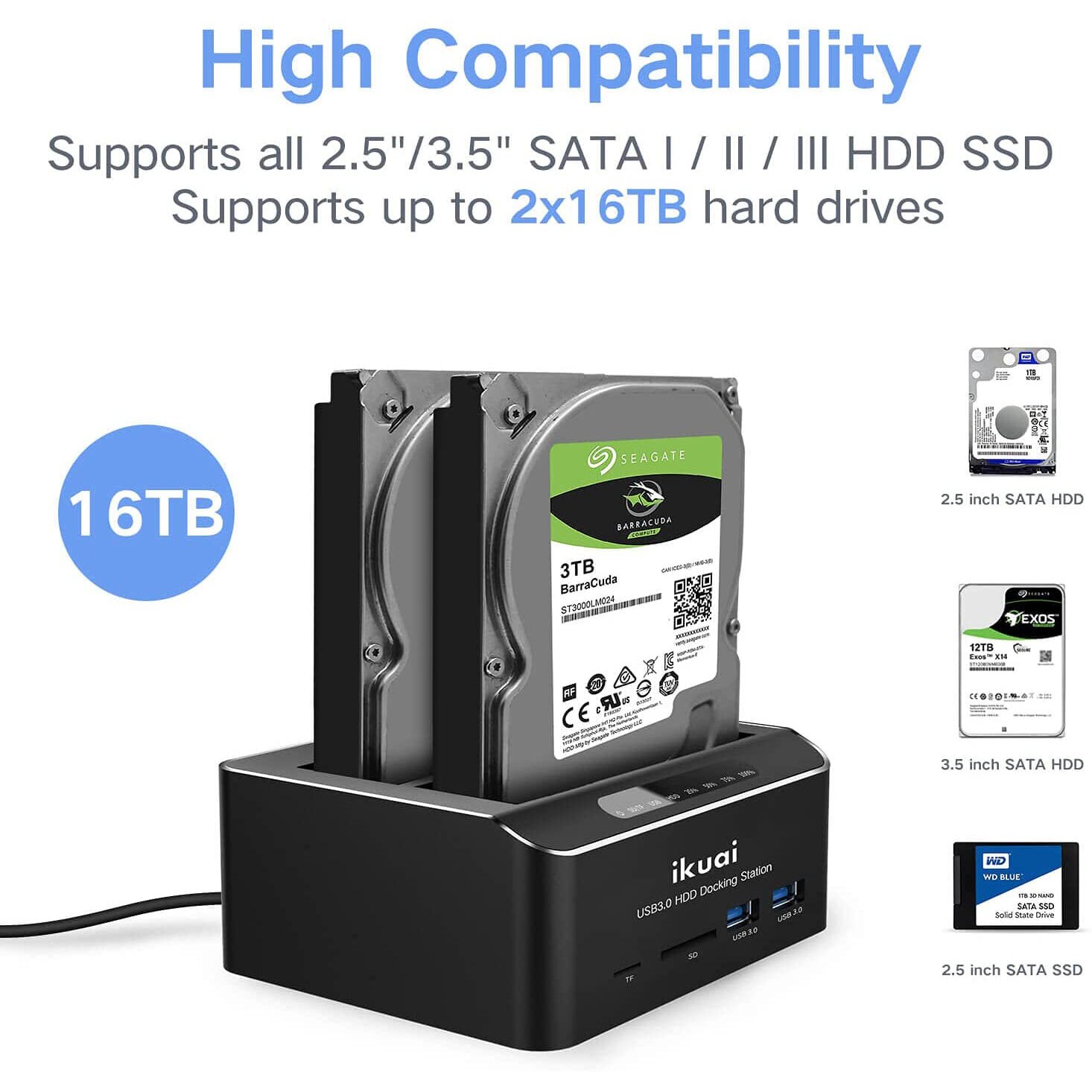 Hard Drive Docking Station USB 3.0 Aluminum Dual Bay Hard Drive Dock For 2.5" 3.5" SATA HDD SSD With SD TF Card Reader Tool-Free