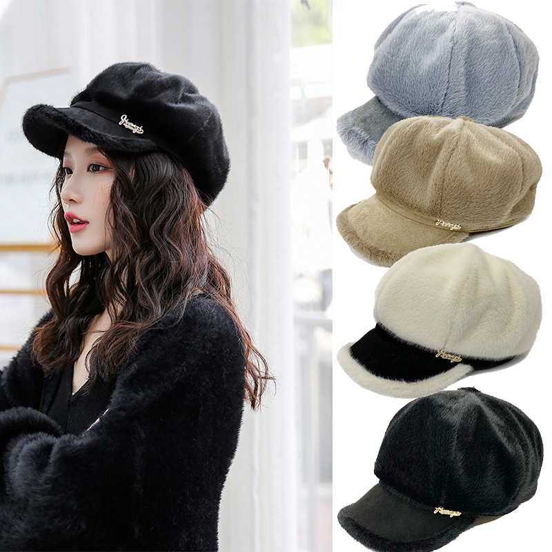 Vinter kvinder imiteret pels hatte varmere ensfarvet plys ottekantede kasketter afslappet udendørs vindtætte varme hatte damer hat kasketter