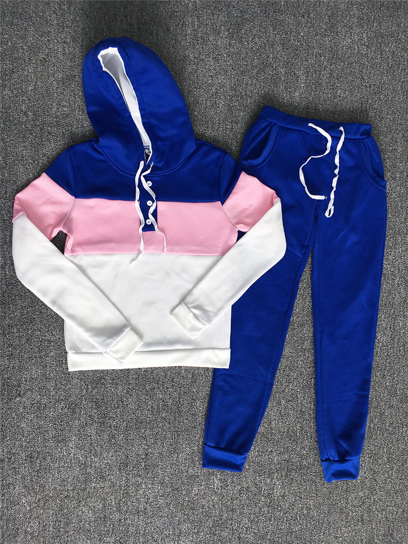 Women Winter sport Tracksuit Sets Lady casual Autumn Long Sleeve Thicken Hooded Sweatshirts 2 Piece Set Female patchwork Suits: Blue / S