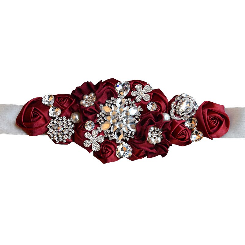 JaneVini-cinturones para boda con abalorios, con flores, Burdeos, satén, rosas, boda, cinturón con cristales, cintas de banda de diamantes de imitación,: Borgoña