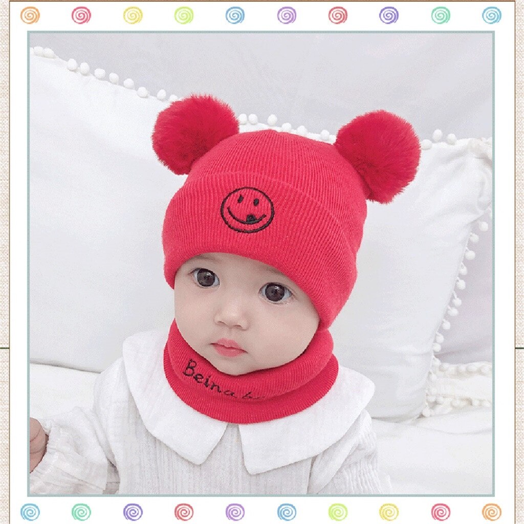 Conjunto de dos piezas de bufanda y sombrero de punto para niños, gorros de para chicas con estampado para el hogar, sombreros de bebé cálidos para invierno, sombreros para bebé niña # p30: Rojo