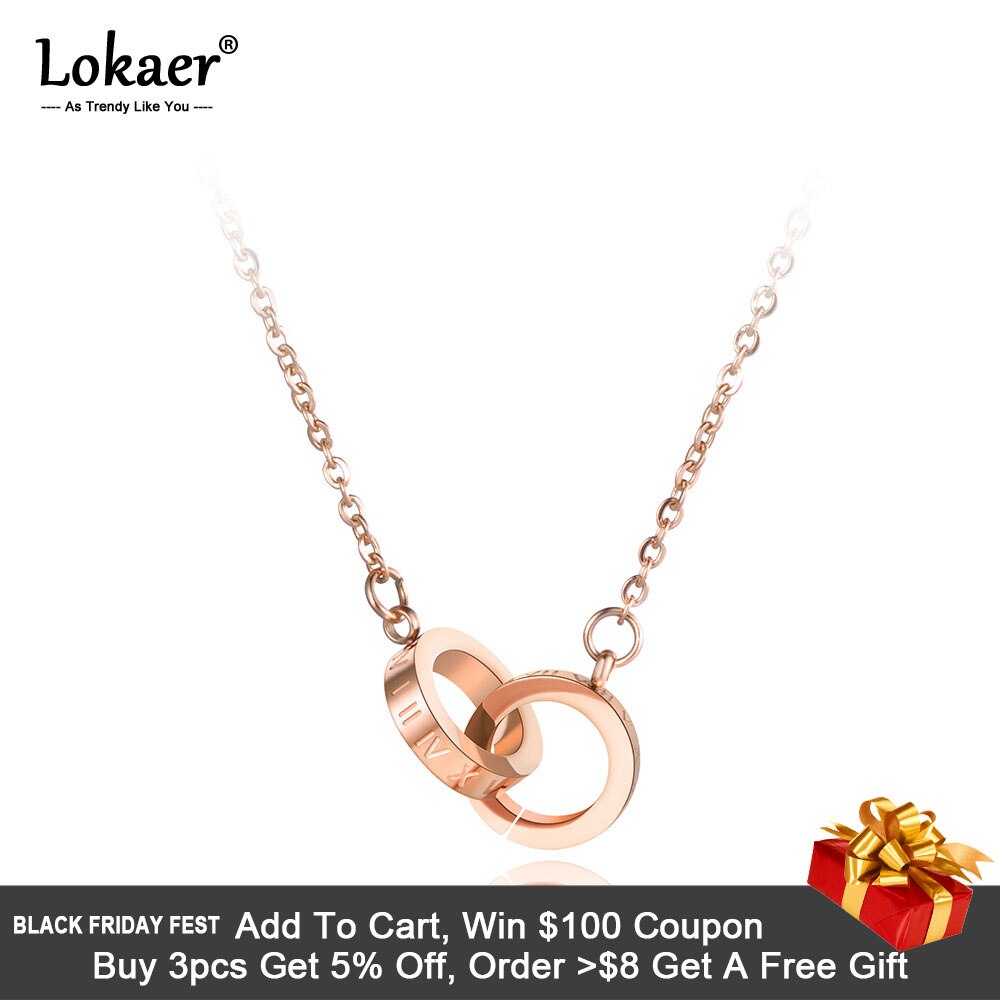 Lokaer Stainless Steel Double Circle Roman Numerals Pendant Necklaces Trendy Chokers Necklace For Women Valentine's Day N19003