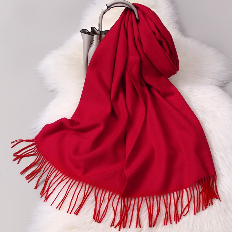 Vinter kvinder tørklæde woo solid echarpe wraps til damer foulard femme med kvast varm merino rød uld tørklæder kashmir