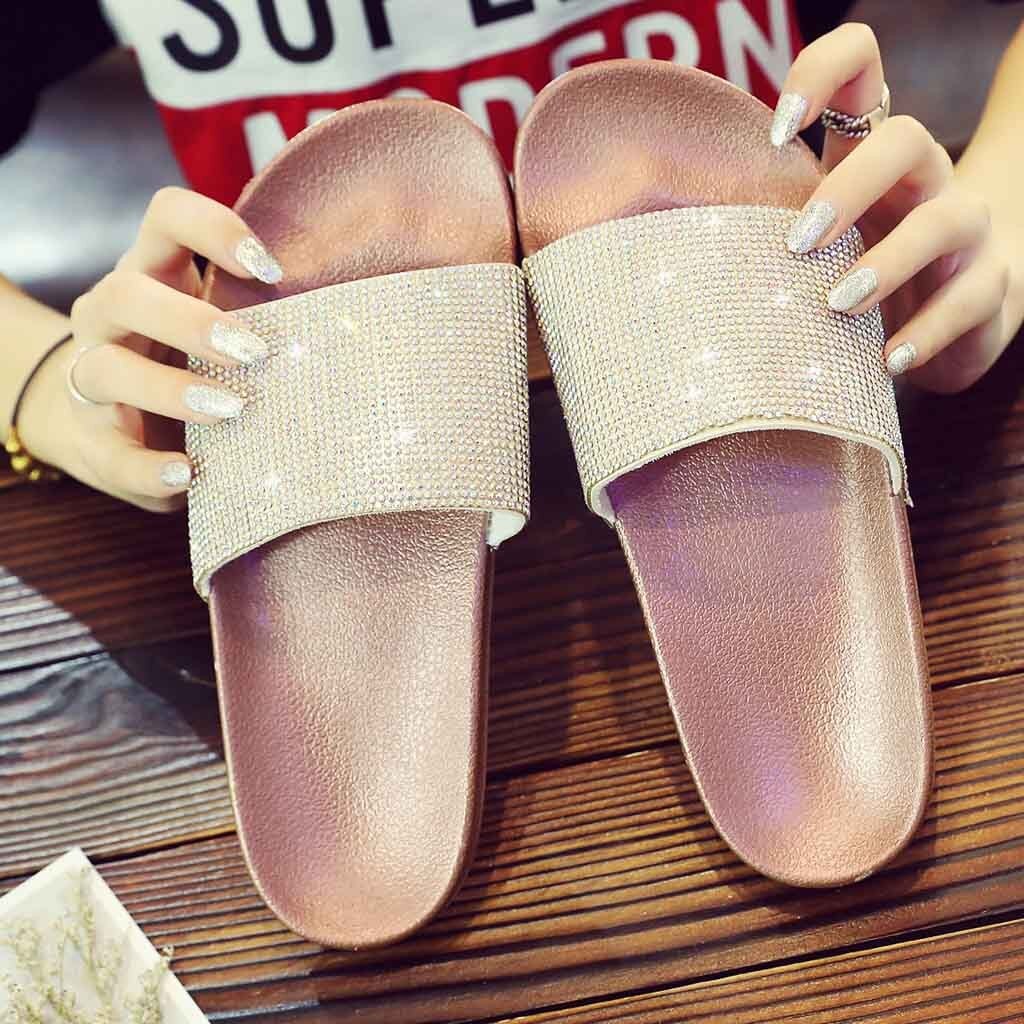 Frauen Hausschuhe Sommer Strand Casual Schuhe Flache Rutschen Hause Outdoor Diamante Sparkly Sliders Diamant alias Faulenzer