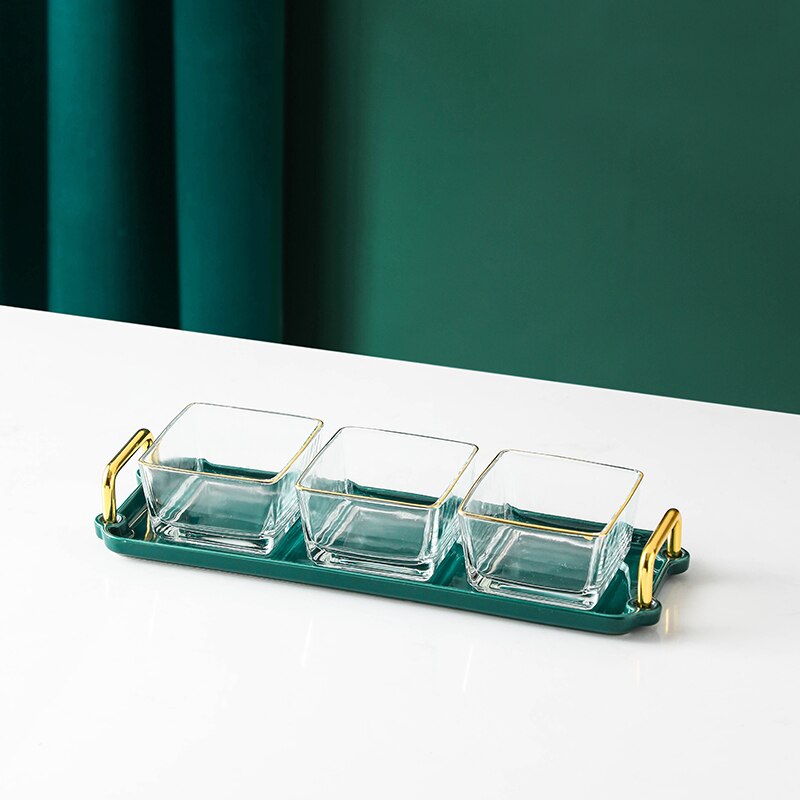 Plateau en verre doré, séparation des fruits secs, bol de séparation des aliments, plateaux décoratifs pour la maison, assaisonnement de cuisine, combinaison de vaisselle: green-3PCS